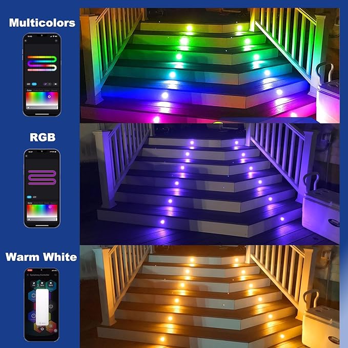 Sumaote LED Deck Lights Kit, 30 Pack 1.22" WiFi Smart RGBW+IC Multicolor | Recessed Low Voltage 12V IP67 Waterproof, App Control Dynamic Color Changing, for Outdoor Step Stair Garden Yard Landscape