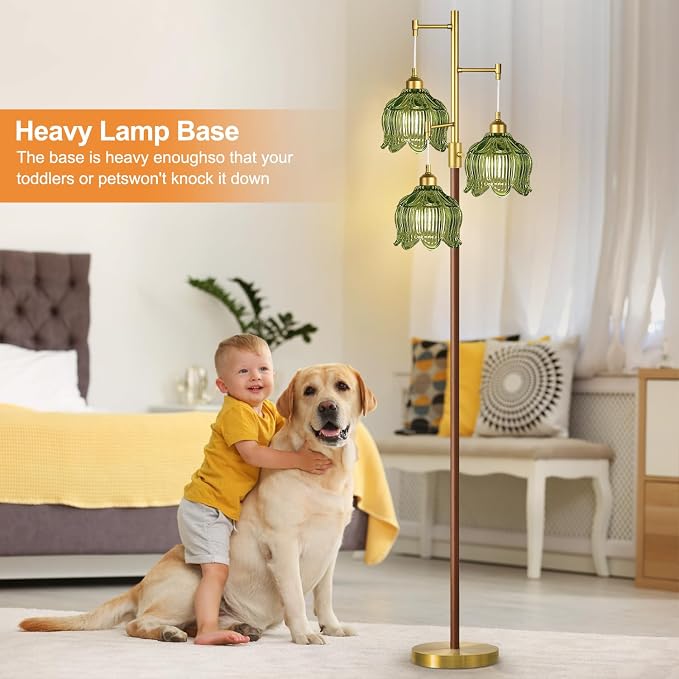 ZECOXOL Wood Floor Lamps for Living Room Bedroom-Rustic Glass Floor Lamp with Three Led Bulb, Modern Mid Century Standing Lamp Brass Vintage Tall Lamp Gold Tree Floor Lamp for Bedroom Corner