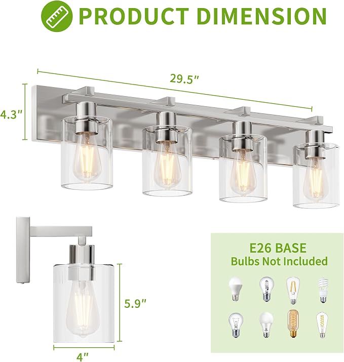 Bathroom Vanity Light,4 Light Nickel Light Fixture with Thickened Clear Glass Shade, 21 inch Dimmable Modern Wall Sconce, Bathrooms Vanity Light Over Mirror for Bathroom