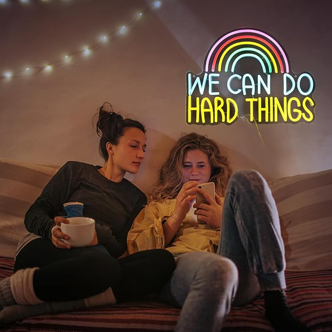 We Can Do Hard Things Neon Sign USB Powered Rainbow Neon Light for Wall Decor Colorful Dimmable LED Light Up Sign for Bedroom Classroom Party Practical Activity Title(16.3 * 12.4In)