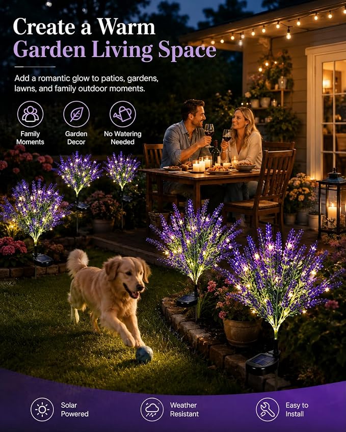 Lavender Solar Garden Lights, 6 Pack Outdoor LED Flowers | 6 purple lavender solar flowers with LEDs; auto on/off, IP65 waterproof stakes for pathway, yard, patio and Halloween decor