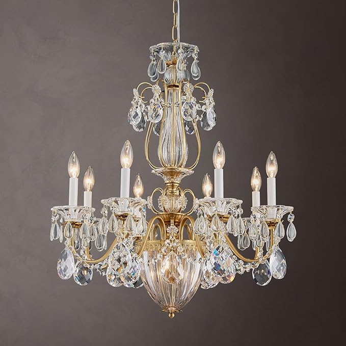 Vintage Crystal Chandeliers for Dining Room, 8-Light Brass Classic Candle Chandelier Pendant Ceiling Light Fixture for Living Room Bedroom Kitchen Foyer Hallway Staircase 30.3" H x 26.8" D