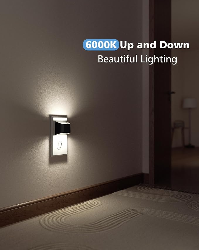 VOLISUN LED Night Light Cool White, 4 Pack Up and Down Night Lights Plug into Wall with Dusk to Dawn Light Sensor, 6000K Nightlight for Hallway, Bedroom, Bathroom, Kitchen Black