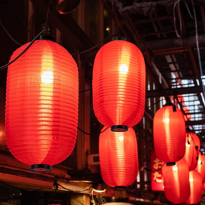 24 Pcs Traditional Japanese Style Red Silk Hanging Lantern Set Including Paper Lanterns Japanese Decorations and Lights for Chinese New Year Luna Festival Party Decoration DIY Crafts