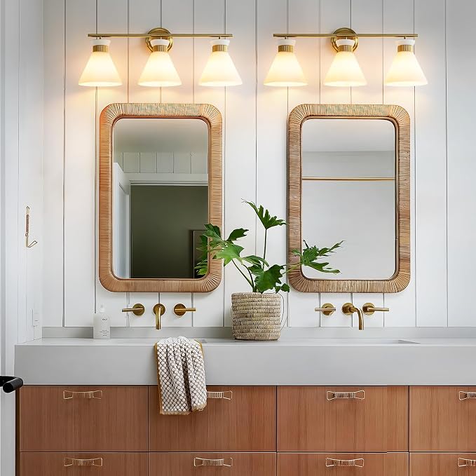 WOSHITU Bathroom Vanity Light Fixtures: 3-Lights Mid Century Modern Vanity Lights for Bathroom Over Mirror, Brushed Gold Wall Sconce Lighting with Frosted Milky Glass Shade for Bath Living Room