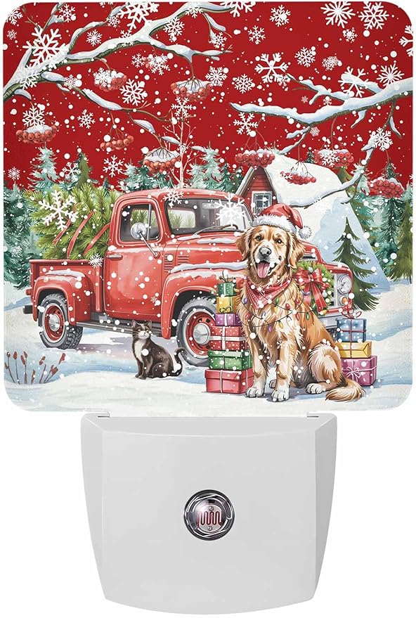 Christmas Night Lights Plug into Wall LED Night Light Christmas Tree Dog and Gift Winter Berry Automatic Dimmable Dusk-to-Dawn Square Shaped Smart Nightlight for Bathroom/Bedroom