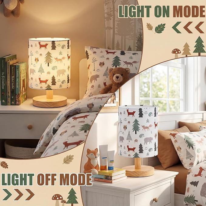 Woodland Animals Kids Table Lamp for Bedroom Kids Bedside Lamp with Linen Wooden Nightstand Cartoon Nursery Lampshade for Girls Boys Living Room