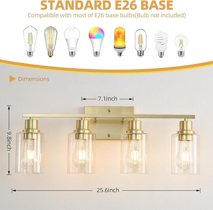 EMONG 4-Light Gold Bathroom Light Fixtures 23.6'' Brushed Gold Vanity Light Over Mirror with Clear Glass Shade Modern Wall Sconce Classic Wall Light Fixture for Hallway Porch Farmhouse Living Room