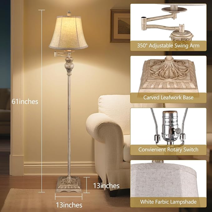 Vintage Floor Lamps for Living Room,Traditional 350° Adjustable Swing Arm Farmhouse Floor Lamp for Bedroom, Rustic Standing Lamp Pole Lamps for Reading, Home Décor and Office, White