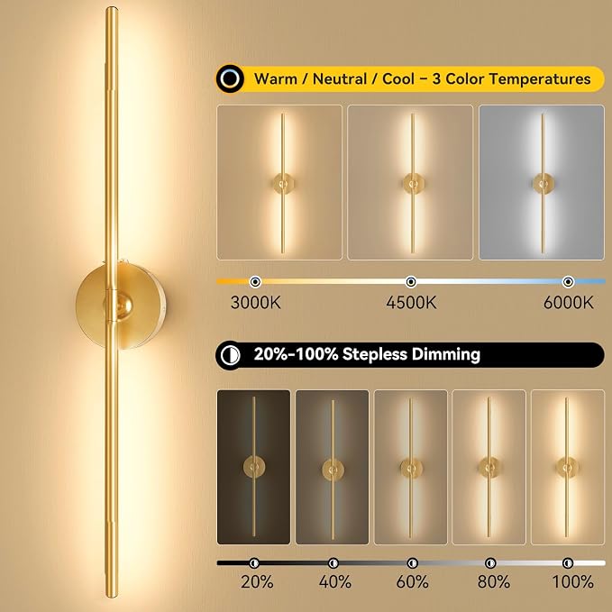 Battery Operated Wall Sconces Set of 2, 8000mAh Wireless Rechargeable 3000-6000K Dimmable 350° Rotate Wall Light with Remote for Living Room, Bedroom 31.6in Gold