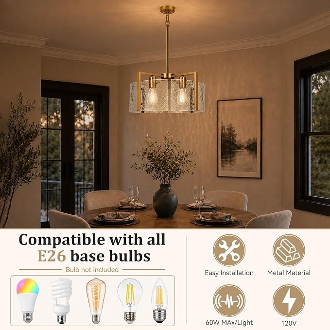 17.7 Inch Gold Chandeliers for Dining Room, Adjustable Height | 4-Light Vintage Entryway Light Fixture, Glass Pendant Lights for Kitchen Island Foyer Bedroom Bathroom