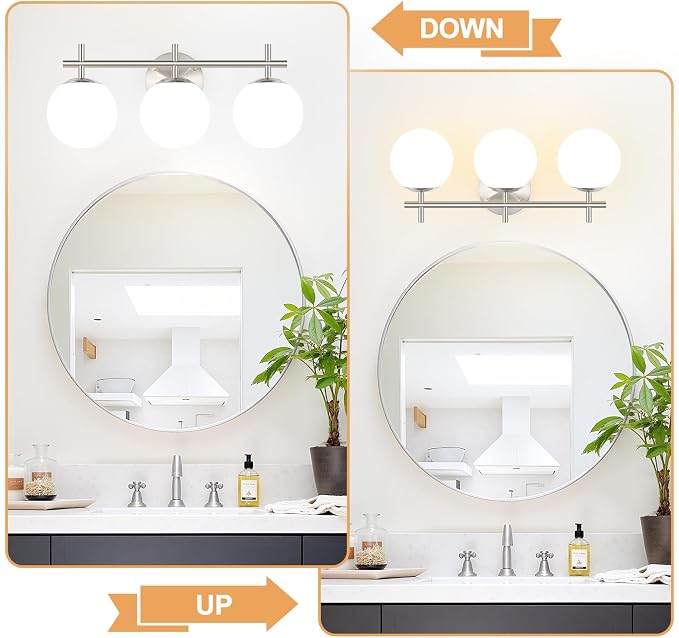 3-Light Bathroom Light Fixtures with Milky White Glass, Brushed Nickel | 19.3 inch Vanity Lights for Bathroom, Bathroom Lighting Fixtures Over Mirror, Wall Sconce, Fits E12 bulbs(Bulb Not Included)