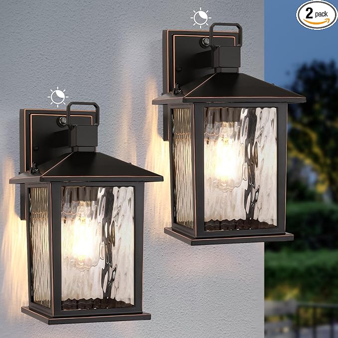 Dusk to Dawn Porch Light, Oil-Rubbed Bronze Outdoor Light Fixture | 2-Pack Outdoor Wall Light with Water Ripple Glass, Hardwired Aluminum Outside Wall Lantern, E26 Socket, Bulb Not Included
