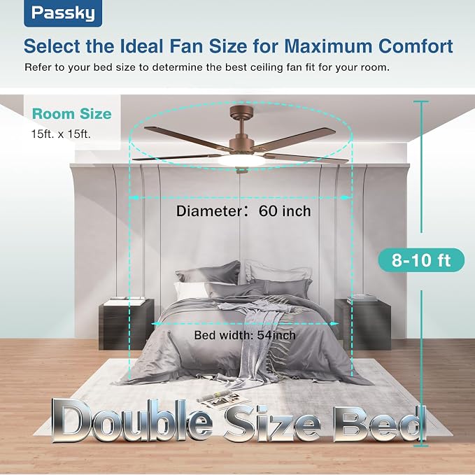Passky 60 Inch Brown Sleek Ceiling Fans with Lights, Remote Control | 3-color dimmable light, quiet reversible DC motor, easy install, memory, Timer, APP, bedroom, covered outdoor areas