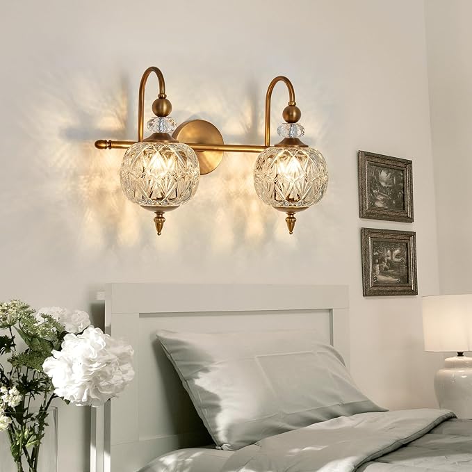 Piepooye Vintage Bathroom Light Fixtures Gold Vanity Light with Glass Globe LampShade 2 Lights Mid Century G9 Bulb Wall Sconce Indoor Vanity Light Over Mirror for Bedroom Farmhouse Hallway