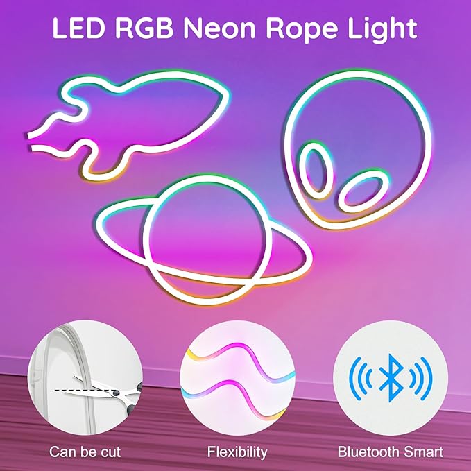 16.4FT LED Neon Rope Lights Waterproof with Smart App Control Remote,DIY Scene Modes,Music Sync hronization,Eaves Lights for Garden Decor,Deck,Christmas