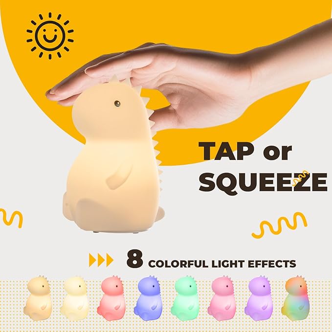 LED Squishy Animal Night Light - 2 Level Dimmable Nursery Lamp, Rechargeable Touch Lamp, Cute Dorm Decor, Small Boys Girls Gift (Little Dinosaur)