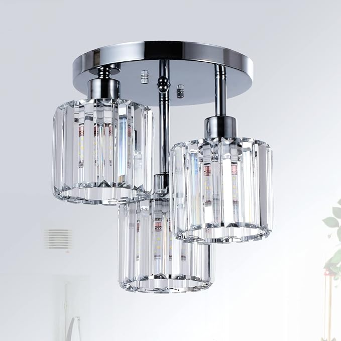 PAUFUL Semi Flush Mount Ceiling Light,3-Light Modern Close to Ceiling Light Fixtures,Kitchen Light with Clear Crystal Shades, Hallway Light Fixtures for Kitchen Entryway Bedroom Bathroom Foyer