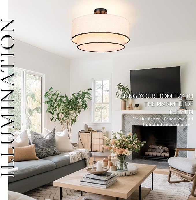 Hamilyeah 20 inch Semi Flush Mount Ceiling Light Fixture with Fabric Shade, Beige Double Layer Light Fixture with 4 Light, Modern Close to Ceiling Lighting for Living Room, Bedroom