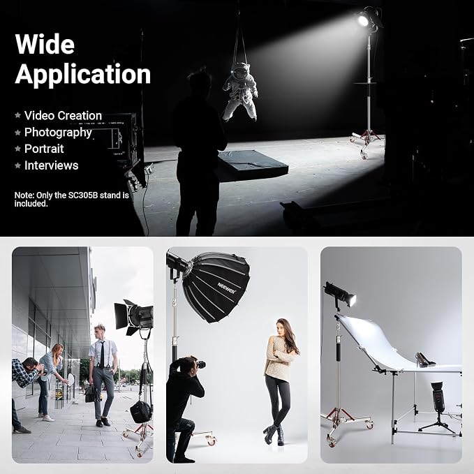 NEEWER Basics 4.3-10ft Photography Light Stand with Casters, SC305B | 100% Stainless Steel, Heavy Duty Tripod Stand, for Strobe LED Video Ring Light Monolight Softbox Reflector, 66lb Max Load