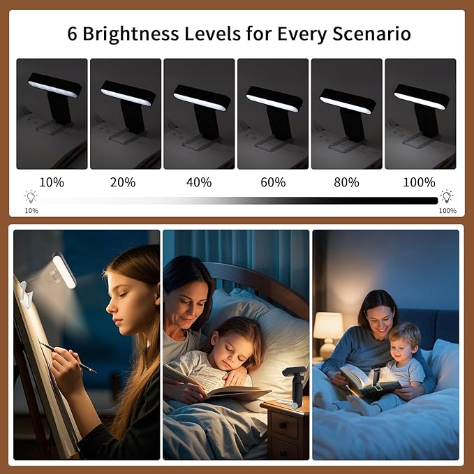 Book Light,USB Rechargeable Clip-On Reading Light,30 Adjustable Modes,Eye-Caring with Timer,Perfect for Book Lovers/Travel(Black, Rectangle)