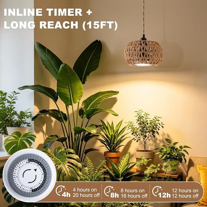 Hanging Grow Light, 30W LED Lamp with Timer for Indoor Plants | 4000K LED plant lamp with 15 ft cord, outlet timer, and boho paper rope shade for succulents, herbs, and low-light rooms.