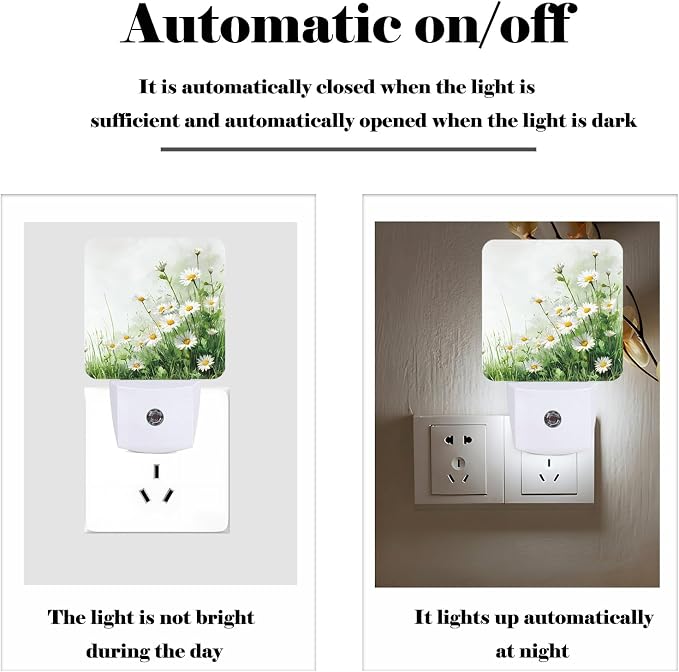 Flowers Night Light，Daisies Watercolor Plug Into Wall for Boys Girls Bedroom Decorative Square Night Light Lamp 0.5w Sleep Friendly