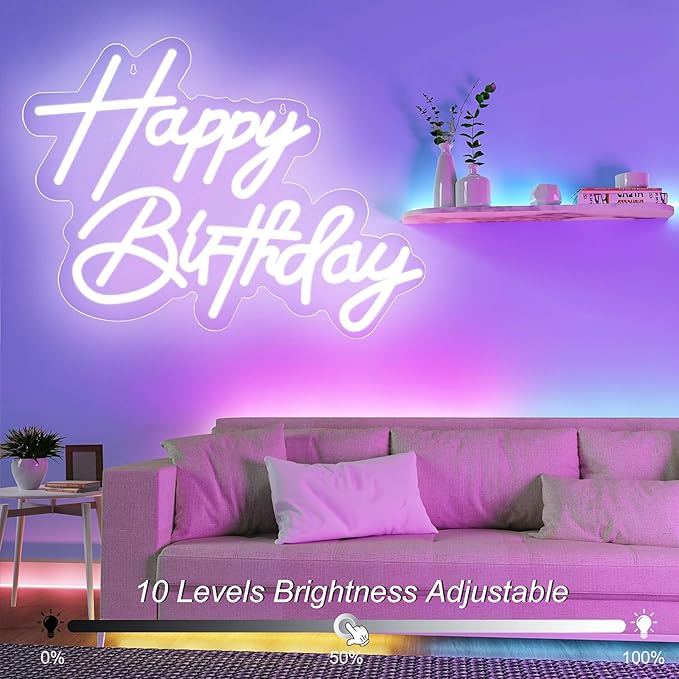 Happy Birthday Neon Sign for Wall Decor, USB Powered LED Neon Sign with Dimmable Brightness, Ideal for All Ages Birthday Parties and Celebrations, With 2 Pcs Birthday Cards (17×12 Inch)