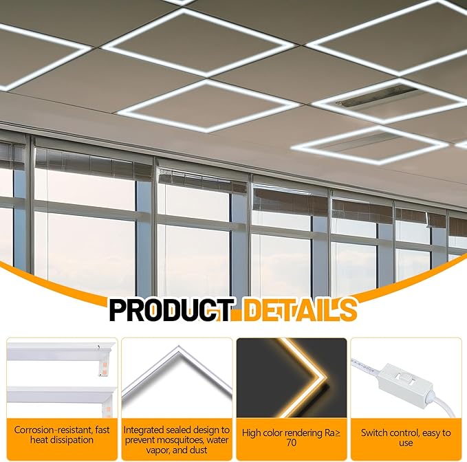 VIHOSE 8 Pcs 2x2 ft Edge-lit Frame LED Flat Panel Lights Grid Drop Ceiling Lights with 3000K/4000K/6500K Selectable 110-265v for Offices Shops Bathrooms with Integrated Ceilings