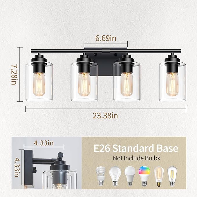 Bathroom Vanity Lights Over Mirror,Bathroom Light Fixture Wall Sconce Lighting for Bedroom,Living Room (Black, 4-Light)