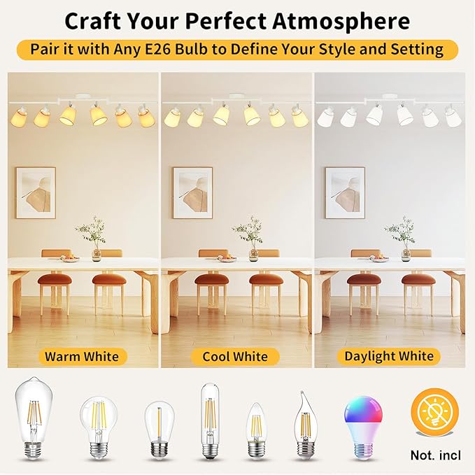 HiBay 6-Light Track Lighting Fixture Ceiling, Directional Modern White Fabric Track Spotlight Flush Mount for Dining Room, Bedroom, Living Room, E26 Base (Bulbs Not Included)