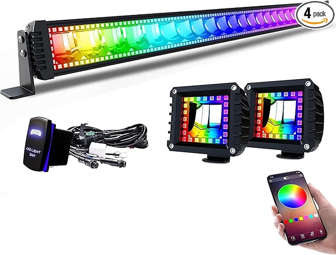 Lpteso RGBW LED Light Bar 50 inch 288W Flood Spot Combo Beam 2PCS 4 Inch 18W Flood RGB LED Pods with 16 Solid Colors Chasing RGB Halo Ring Changing with Strobe Flashing with Rocker Switch Wiring