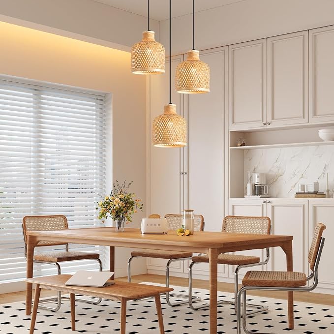 3-Light Bamboo Woven Pendant Light Boho Rattan Hanging Chandelier with Adjustable 59" Cord, Farmhouse Wicker Shade Ceiling Light Fixture for Dining Room Kitchen Island Living Room