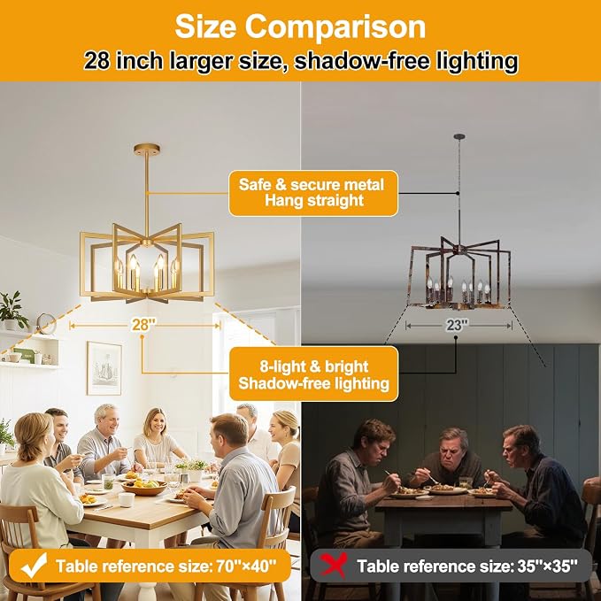 Lynnoland 25"-61" Height Adjustable Modern Gold Chandelier for Dining Room, No Assembly Required Gold Dining Room Light Fixture Over Table, Industrial Metal Pendant Lights Fixture for Kitchen Island