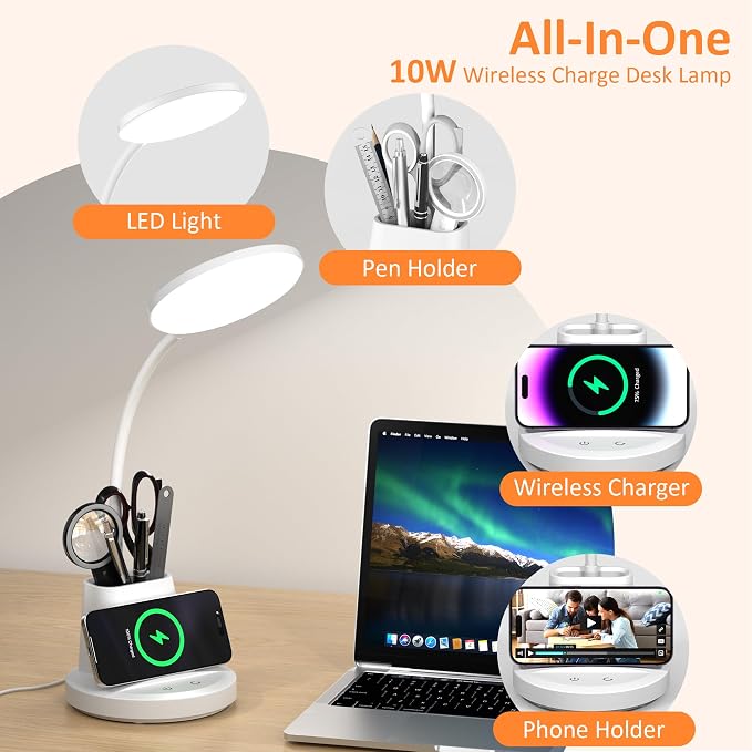 LED Desk Lamp with Wireless Charger for Home Office, White | 3 Color Modes Dimmable Eye-Caring Study Desk Light for College Dorm Room, 360° Flexible Arm, Built-in Pen Holder, 800 Lumen
