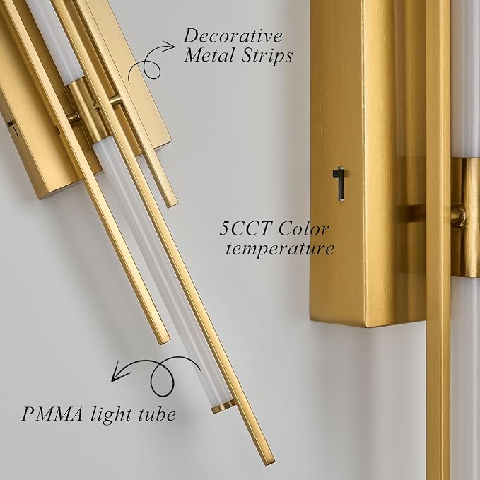 Gold LED Vanity Light 31IN Modern LED Bar Wall Light Over Vanity Mirror Hardwired Picture Light Dimmable Bathroom Wall Mount Lighting 5CCT(3000K/3800K/4500K/5200K/6000K)