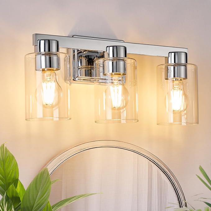 3-Light Bathroom Light Fixtures with Clear Glass, Chrome | Vanity Lights, Modern Wall Sconces, Over Mirror for Bathroom, Powder Room, Living Room