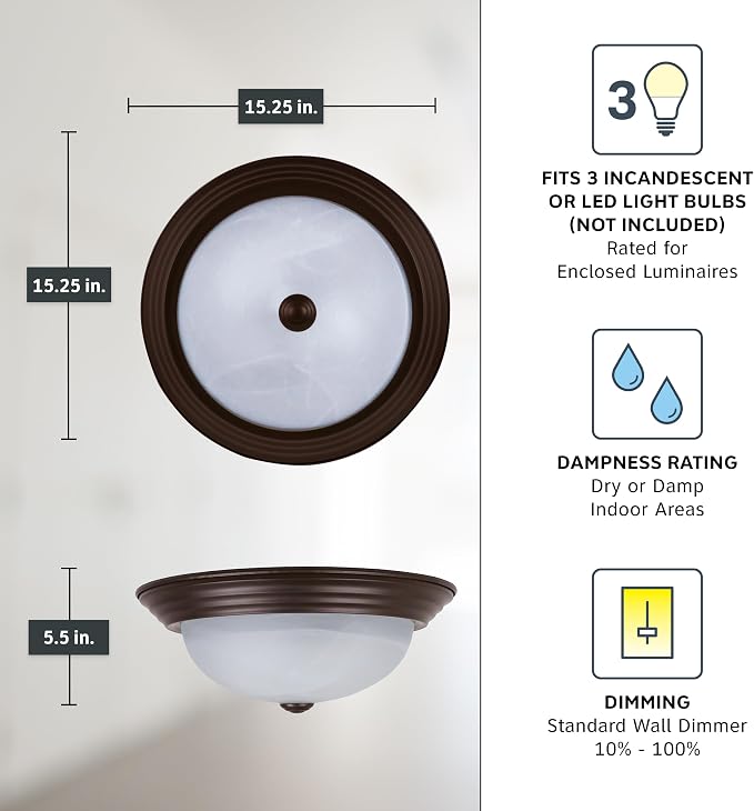 DESIGNERS FOUNTAIN Reedley 3-Lights Flush Mount Ceiling Light, 15 Inch Lighting Fixture for Kitchen, Bedroom, Bathroom, and Hallway, White Alabaster Glass, Oil Rubbed Bronze, 1257L-ORB-AL