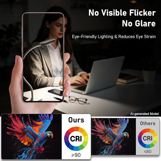 Clip on Light, Desk Lamp with Clamp for Bed, Home Office, Craft (White) | Cordless LED Reading Light with 3500mAh Rechargeable Battery, 3 Color Modes, 10 Brightness Levels, 14-inch Adjustable Neck