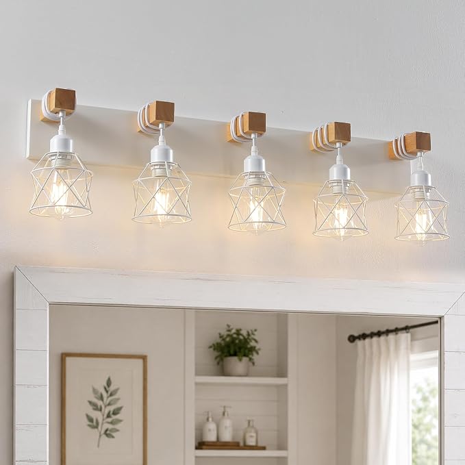 Farmhouse Vanity Light Fixture,5-Light Bathroom Lighting,White Modern Wood Wall Light Over Mirror with Metal Shade,LED Bulbs Not Included