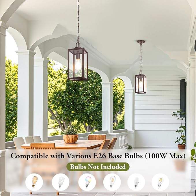 Outdoor Pendant Light, Modern Hanging Lantern for Porch, Brown | Hanging Height Adjustable, Waterproof, Rust-Resistant, Durable Metal & Clear Glass, Standard E26 Sockets, Easy to Install