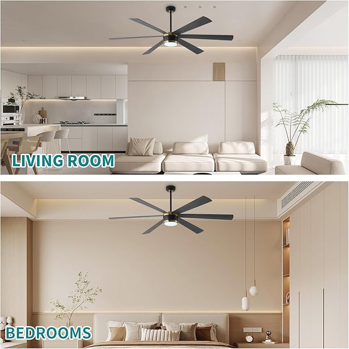 SHOWDI Ceiling Fan with Lights and Remote, 6 Blade App Control Timer Reversible Stepless Brightness and Color Temperature Outdoor Wood Ceiling Fan with Lights (Black-Gold, 72 Inch)