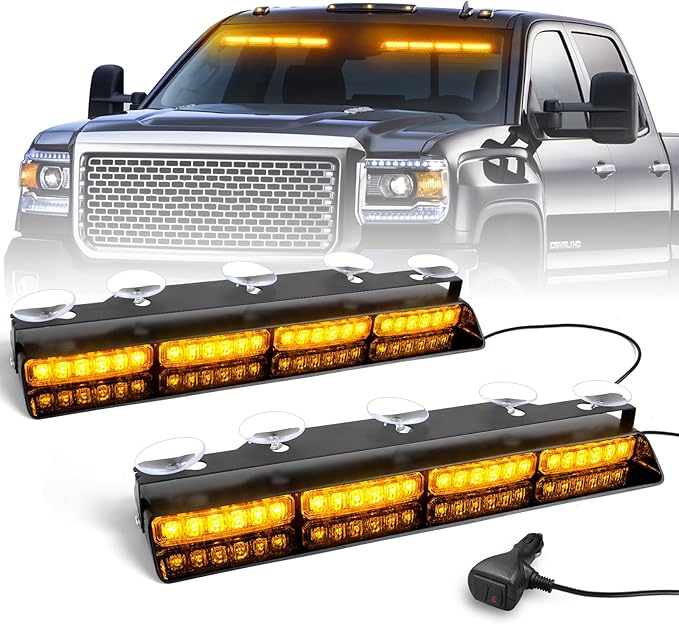 HLauto 6Z4J Emergency Dash Strobe Lights: 2x16.8 inch Amber Safety Lights, 48 LED Flashing Warning Hazard Interior Windshield Visor Traffic Light Bar for Trucks, Construction Vehicles
