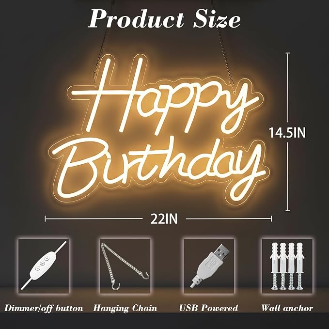 22" x 14.5" Happy Birthday Neon Sign for Backdrop, LED Happy Birthday Light Up Sign, USB Powered Dimmable Neon Light for Birthday Party Decorations, Wall Decor, Warm White