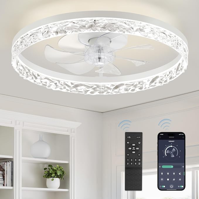 LEDIARY 20" Modern Ceiling Fans with Lights and Remote, White Fandelier | Dimmable Low Profile, Flush Mount Ceiling Fan, Stepless Color Temperature Change, 6 Speeds, Bedroom, Living Room, Kitchen