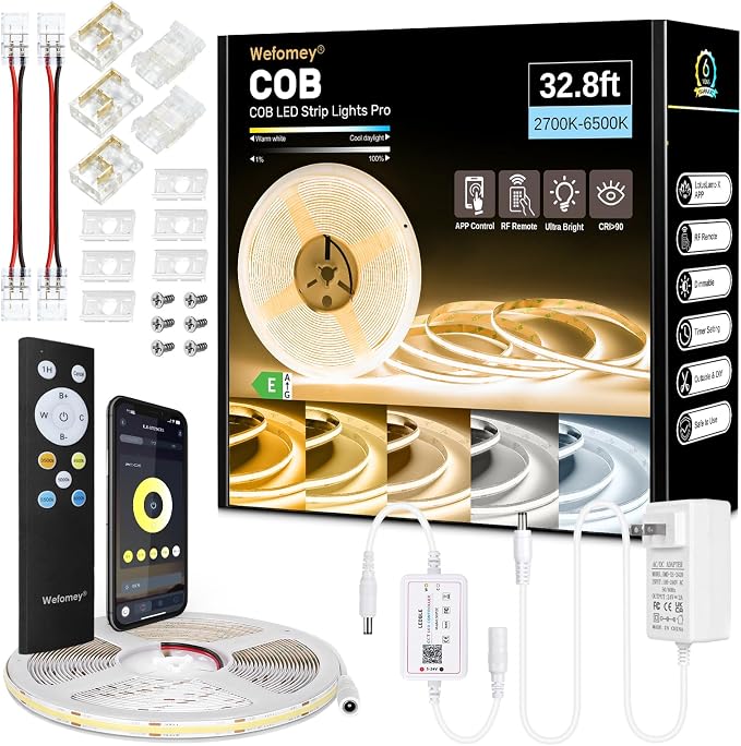 COB LED Strip Light White, 33ft Dimmable 2700K-6500K High Density 24V Flexible LED Tape Light with Remote and APP Control, White led Strip Lights for Bedroom Kitchen Christmas Decor