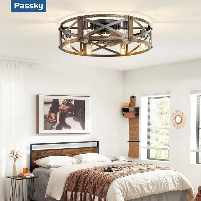 Passky 24" Caged Ceiling Fans with Lights and Remote, Low Profile Fandelier | Reversible DC Motor, 1/2/4/8H Timer, 6 Speeds, Farmhouse, Quiet Operation, 6 E26 Sockets, For Bedroom, Kitchen, Dining Room