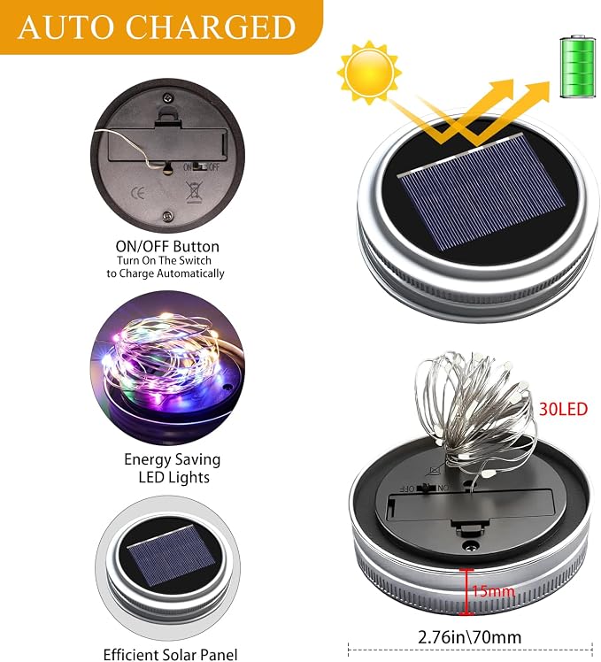 Solar Mason Jar Lights, 12 Pack 30 LED(NO Jars) Firefly Fairy String Lights, Waterproof Outdoor Solar Mason Jar Lid Lights with Hangers for Patio Garden Yard Wedding Decoration - Multicolor