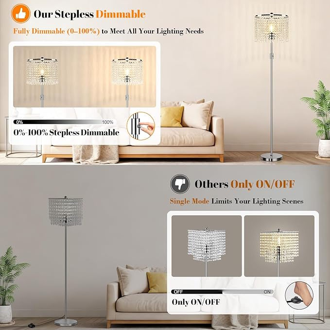 【Upgraded】 Dimmable Crystal Floor Lamps for Living Room, 1000LM LED Bulb Included, Standing Lamp with Knob Switch, Tall Silver Modern Floor Lamp for Bedroom Nursery Office Reading