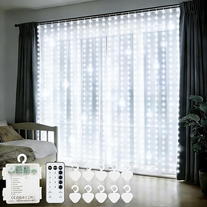 echosari Curtain Lights Battery Operated 9.8 x 9.8Ft with Timer Cool White | 300 LED Fairy Lights with Hooks for Bedroom Wedding Backdrop Indoor Christmas Decor